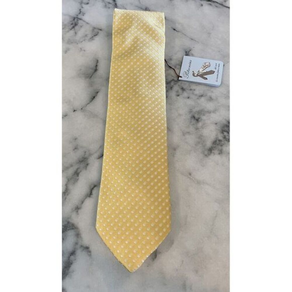 NWT Petronius 1926 100% Silk Handmade Yellow White Polka Dot Tie Made In Italy